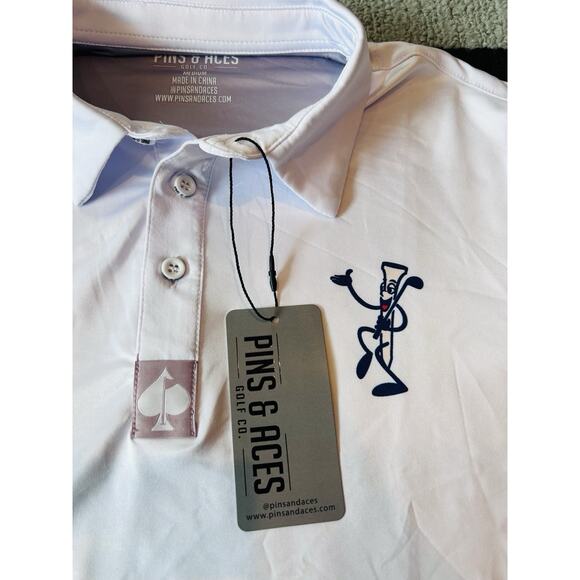 New With Tags Pins and Aces “Partee” Mens M White Golf Polo. Performance wicking - Picture 10 of 12